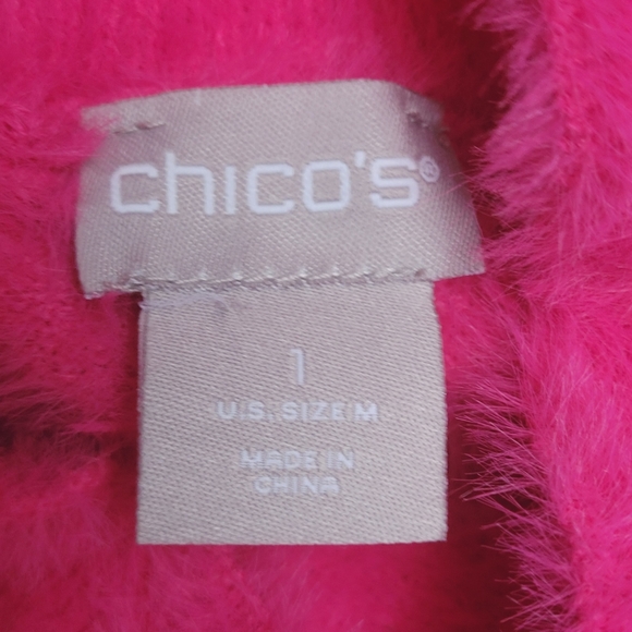 Chicos Eyelash Sweater Hot Pink Soft fuzzy Long Sleeve Mock Neck Size 1 Med - Picture 10 of 13